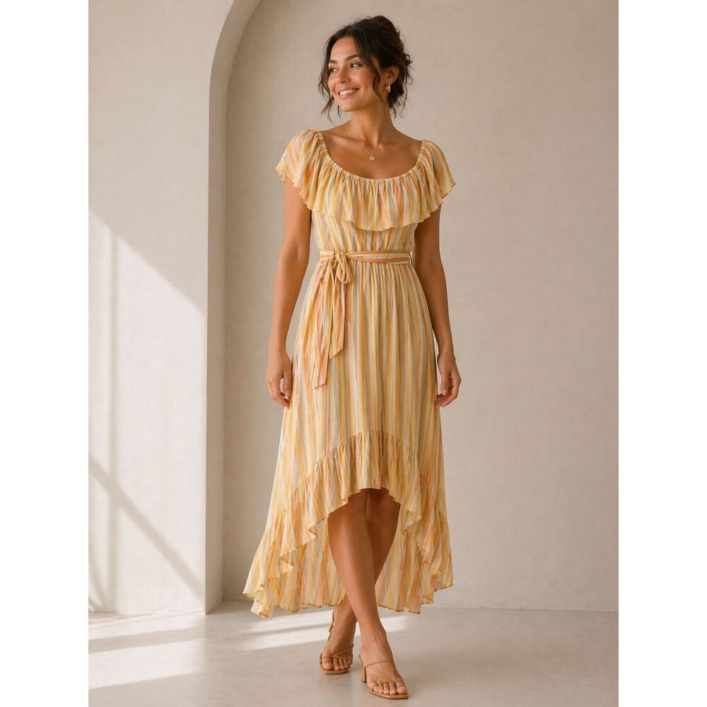Cottagecore Butter Yellow Stripe Maxi Dress Coastal Resort Vacation Sundress M